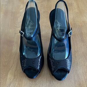 BP Black Sequin Peep-Toe Slingback Heels